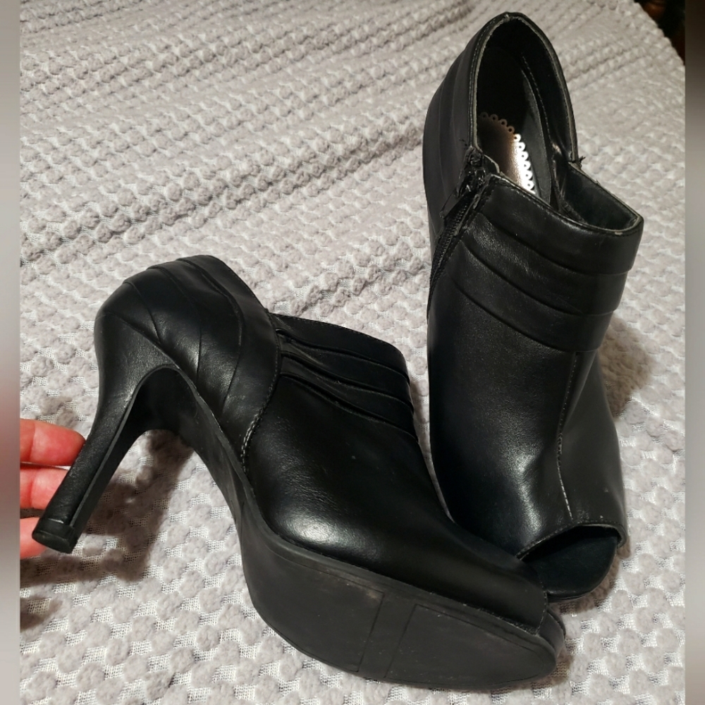 Black Leather Peep Toe Bootie heals